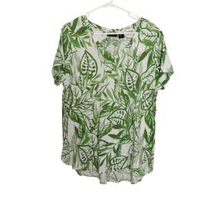 Tahari Women's Plus 1X Green Botanical Print Short Sleeve T Shirt V Neck Cotton